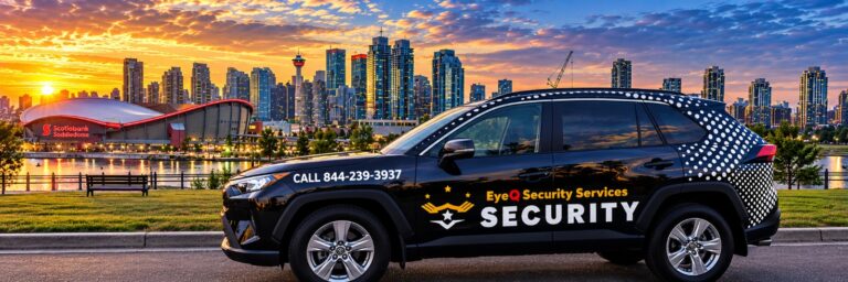 EyeQ Security Services patrol vehicle in front of the city skyline