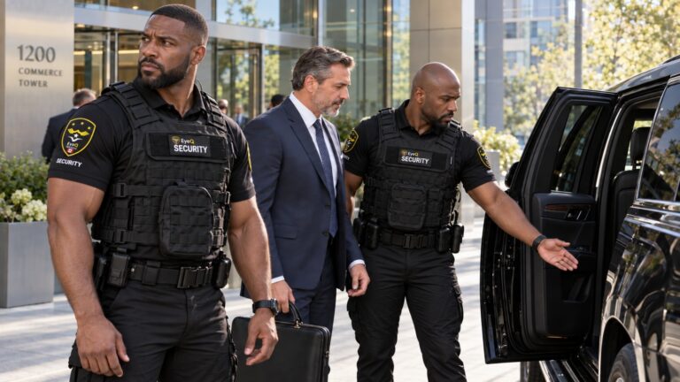 EyeQ executive protection officers escorting a client