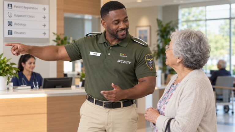 EyeQ security officer assisting a visitor at a health-care facility