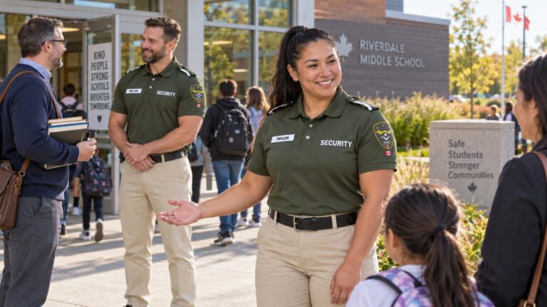 EyeQ security officers greeting students outside a school