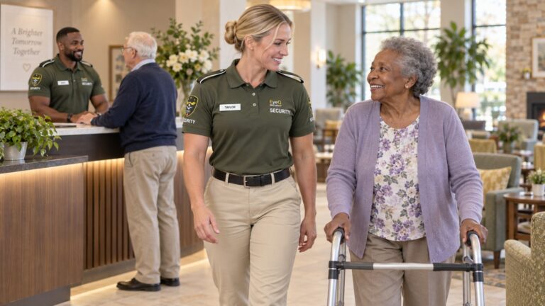 EyeQ security officer walking with a resident at a seniors' residence